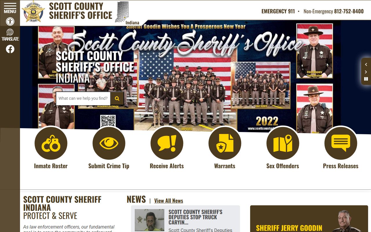 Scott County sheriff homepage with inmate population roster and records links