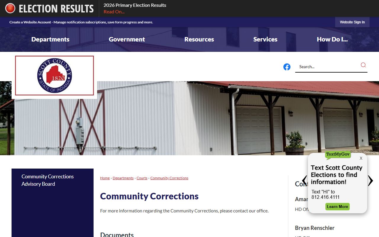 Scott County Community Corrections official page with address phone and office hours