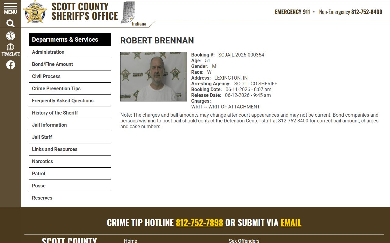 Sample Scott County roster profile showing booking photo, booking number, age, gender, race, arresting agency, booking date, and charge