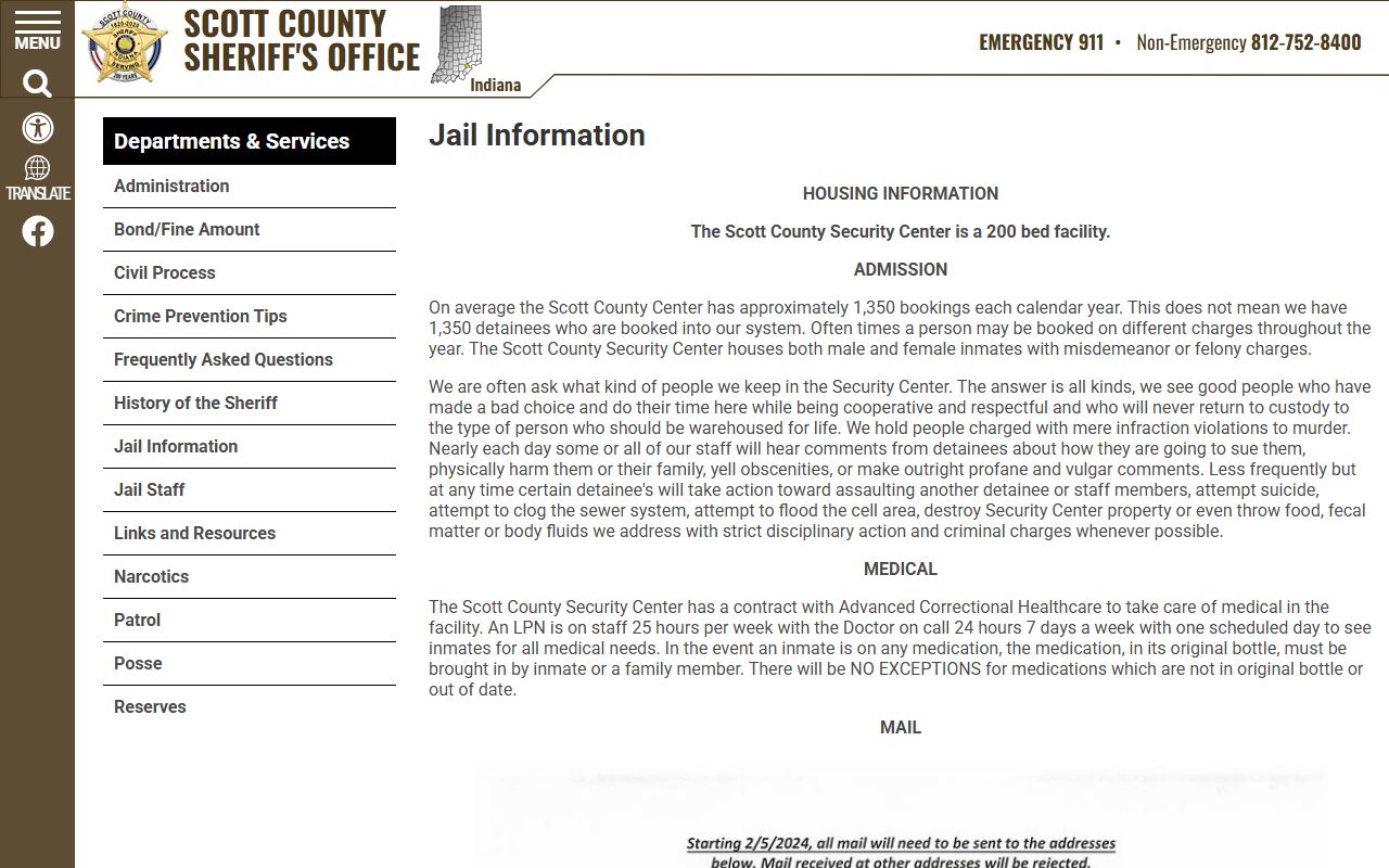 Scott County sheriff jail information page showing Security Center details