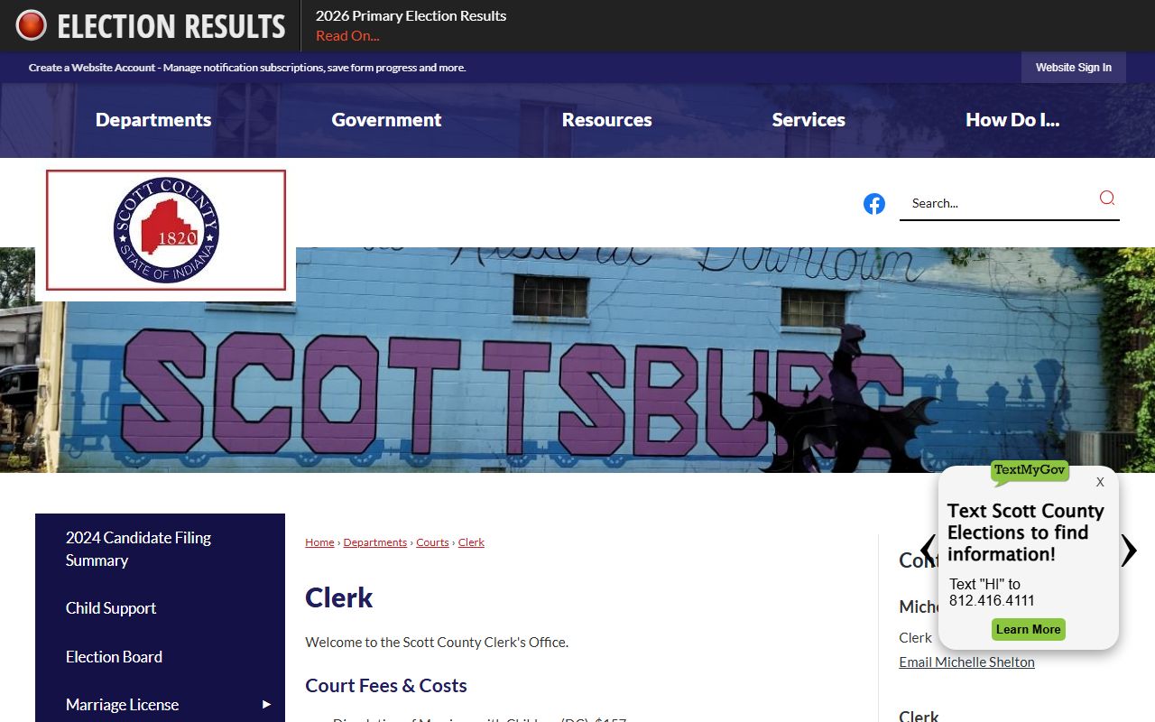Scott County Clerk page with court-record contact information
